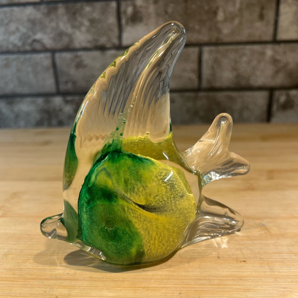 Vintage Blown Glass Fish Paperweight Green and Yellow 4.5” x 4.5” Art Glass